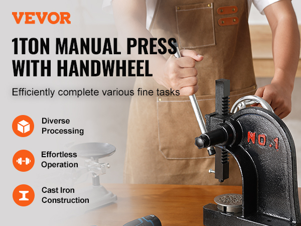 VEVOR arbor press, 1 ton manual press with handwheel, cast iron construction, effortless operation.