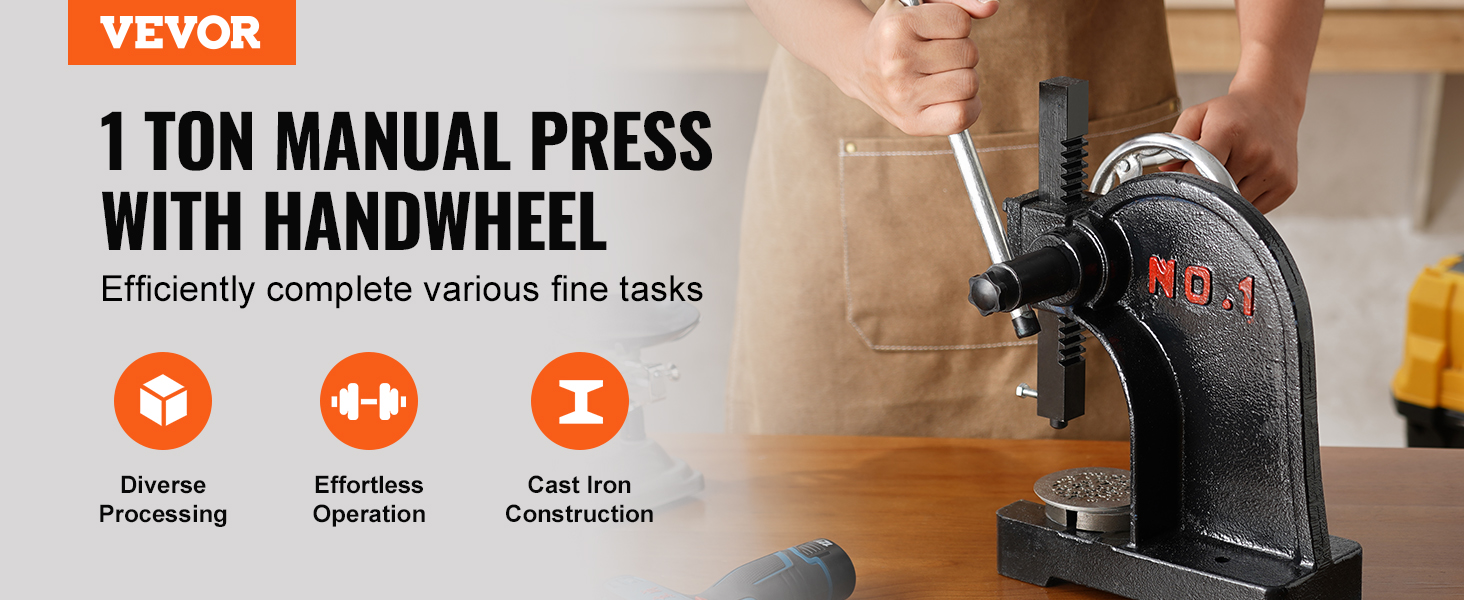 VEVOR arbor press, 1 ton manual press with handwheel, cast iron construction, effortless operation.