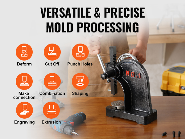 VEVOR arbor press for versatile and precise mold processing: deform, cutoff, punch holes, engrave.