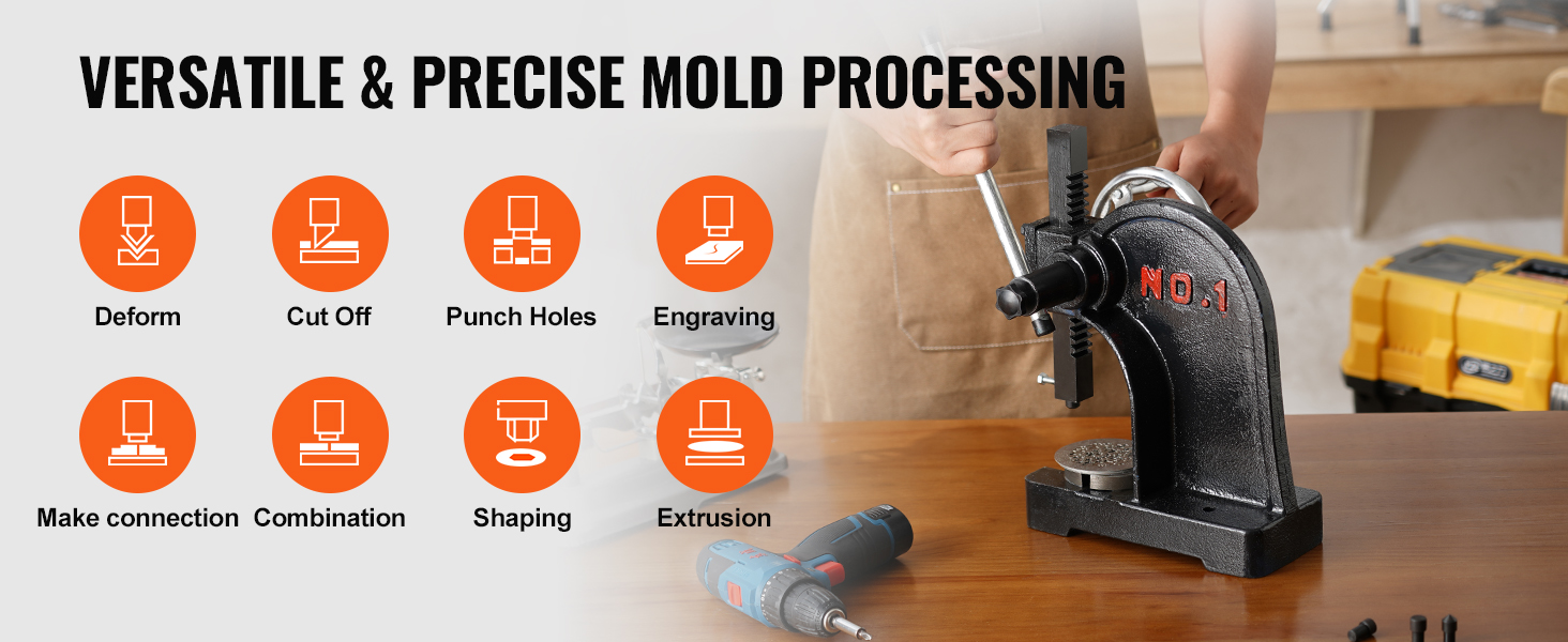 VEVOR arbor press for versatile and precise mold processing: deform, cutoff, punch holes, engrave.