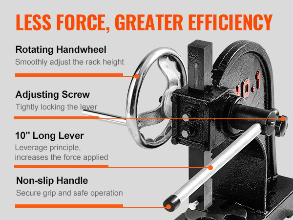 VEVOR arbor press features rotating handwheel, adjusting screw, 10" long lever, and non-slip handle.