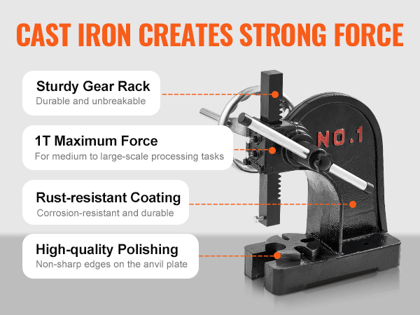 VEVOR arbor press with cast iron construction, 1t maximum force, sturdy gear rack, and rust-resistant coating.