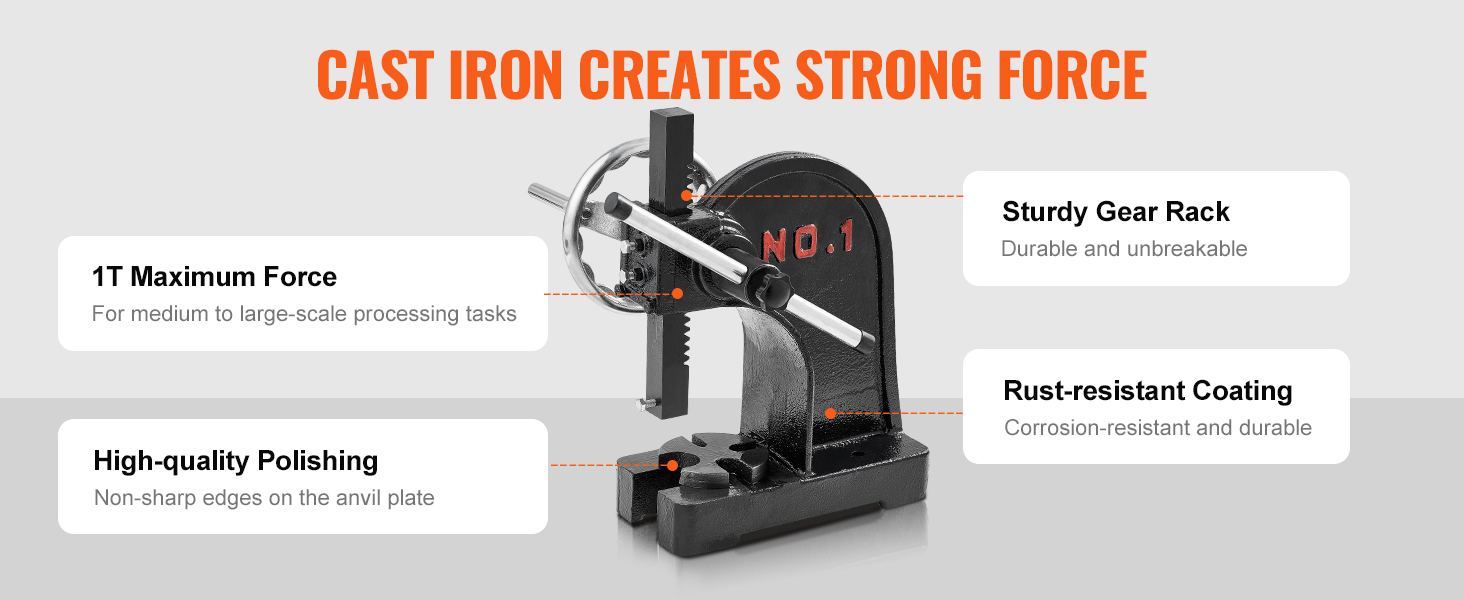 VEVOR arbor press with cast iron construction, 1t maximum force, sturdy gear rack, and rust-resistant coating.