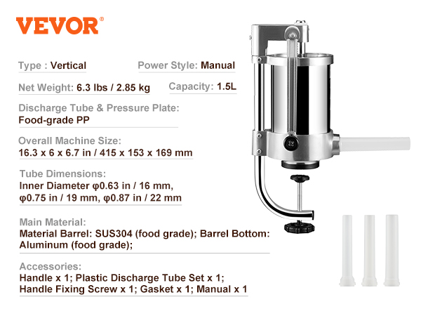 VEVOR sausage stuffer, manual, 1.5l, stainless steel with plastic discharge tubes.