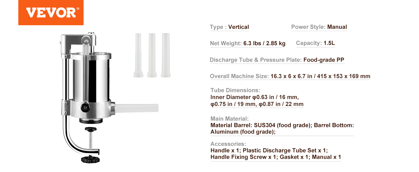 VEVOR sausage stuffer, manual, 1.5l, stainless steel with plastic discharge tubes.