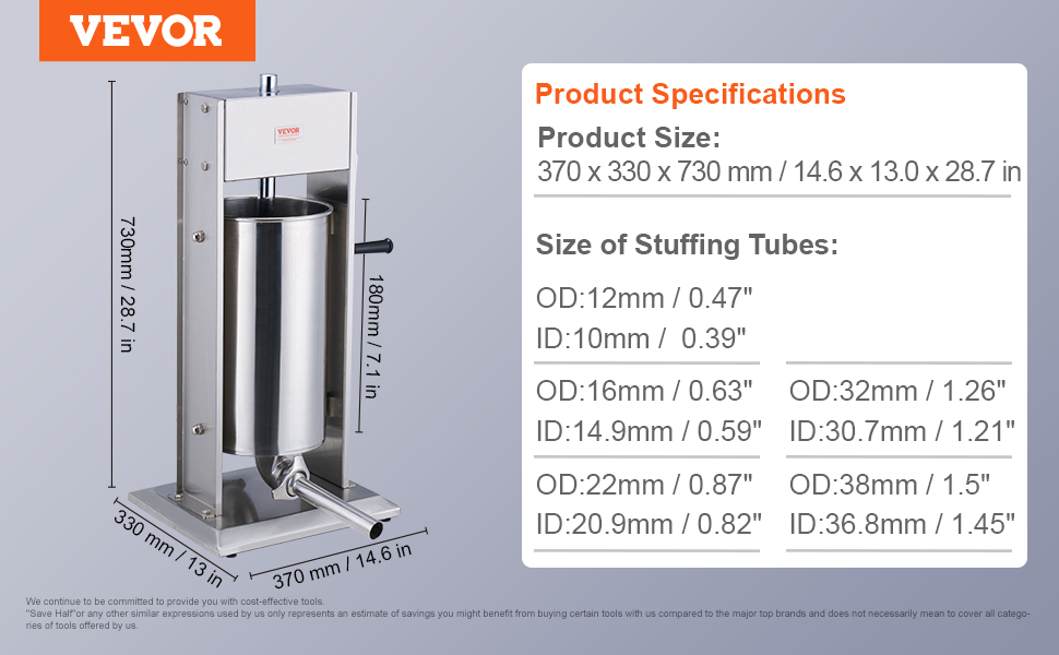 VEVOR sausage stuffer with dimensions and stuffing tube sizes displayed alongside the product.