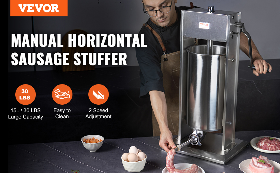 VEVOR sausage stuffer: manual horizontal design, 15l capacity, 2-speed adjustment, and easy to clean.