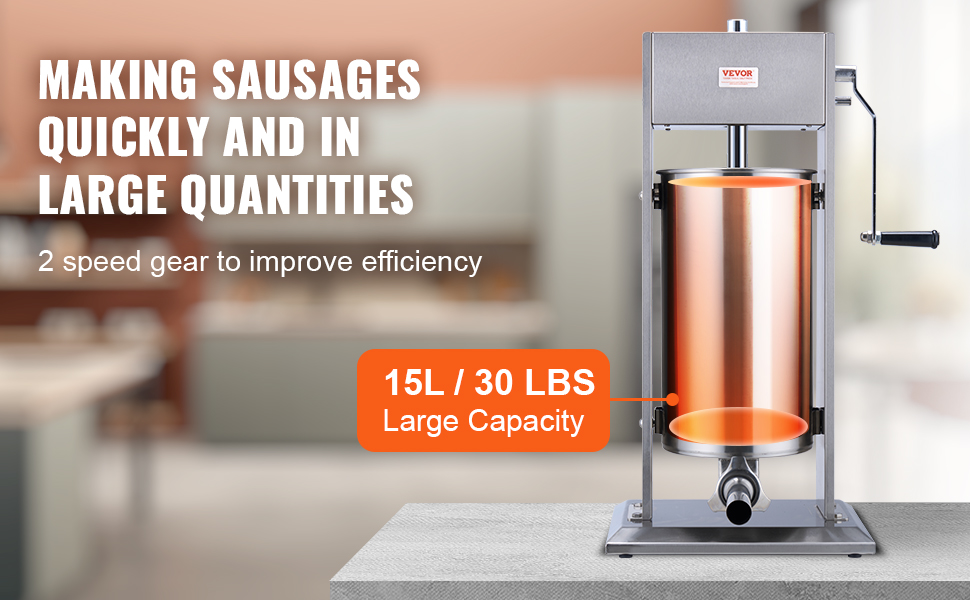VEVOR sausage stuffer with 15l/30 lbs capacity for making sausages quickly, featuring 2-speed gear.