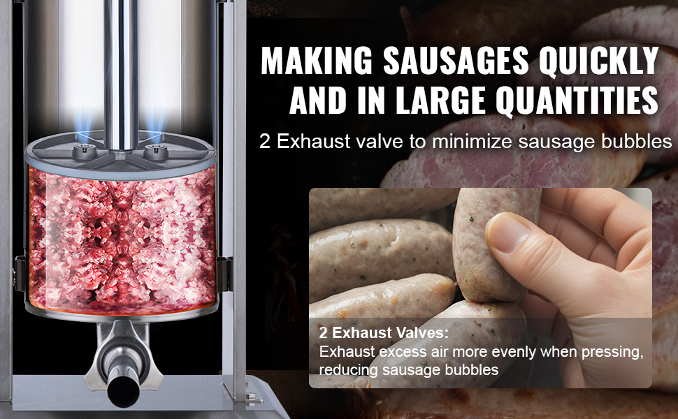 VEVOR sausage stuffer with 2 exhaust valves for quick and large quantity sausage making.