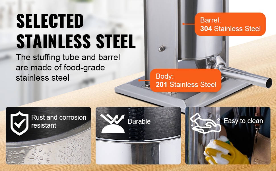 VEVOR sausage stuffer made of 304 stainless steel barrel and 201 stainless steel body, rust-resistant, durable.