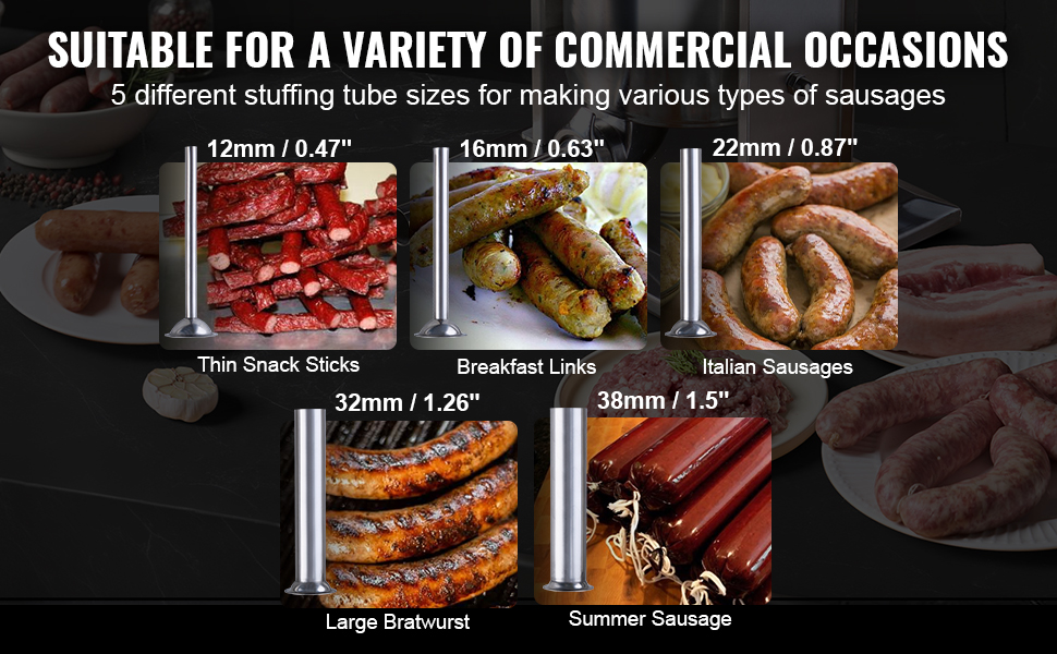 VEVOR sausage stuffer with 5 tube sizes for snack sticks, breakfast links, italian sausages, bratwurst.