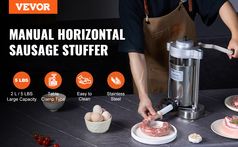 VEVOR 5 lbs manual horizontal sausage stuffer being used, with eggs and cherry tomatoes in the background.