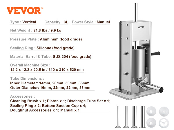 VEVOR sausage stuffer with aluminum pressure plate, sus 304 barrel, and silicone sealing ring.