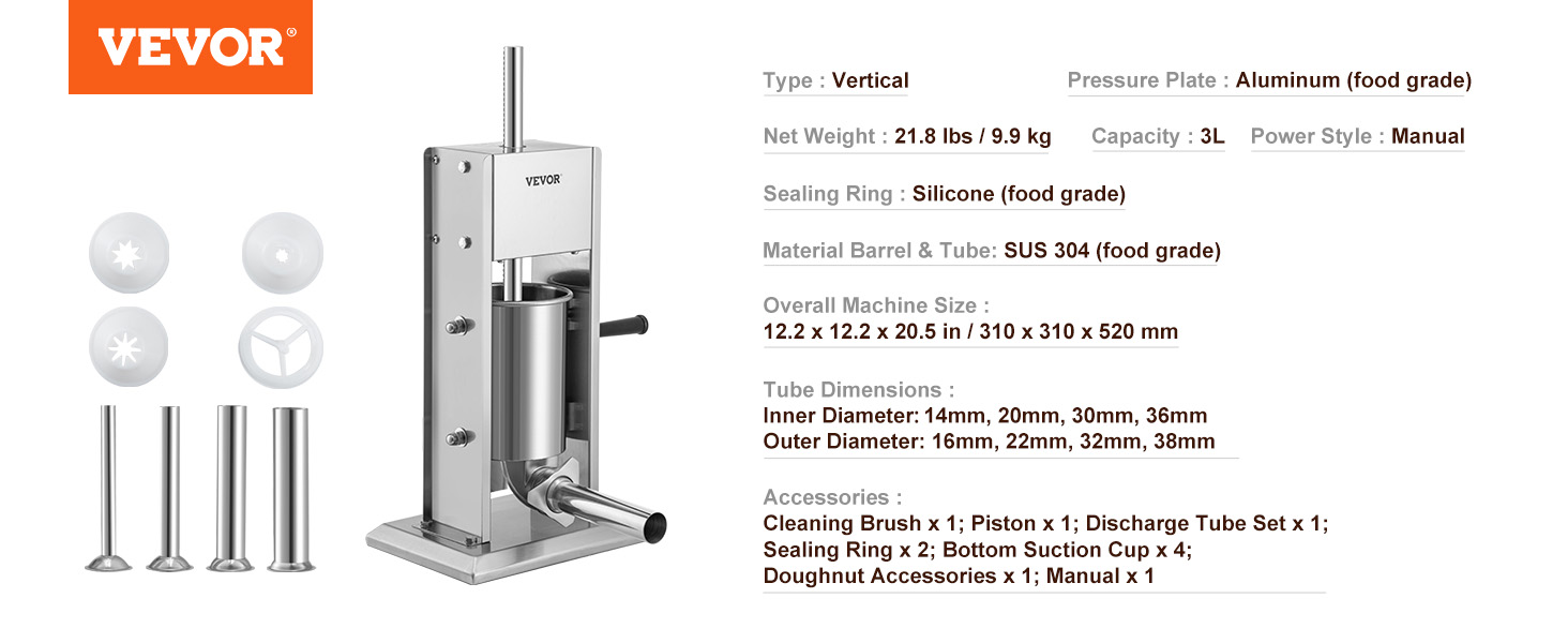 VEVOR sausage stuffer with aluminum pressure plate, sus 304 barrel, and silicone sealing ring.