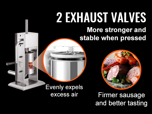 VEVOR sausage stuffer with two exhaust valves for firmer sausage and better taste.