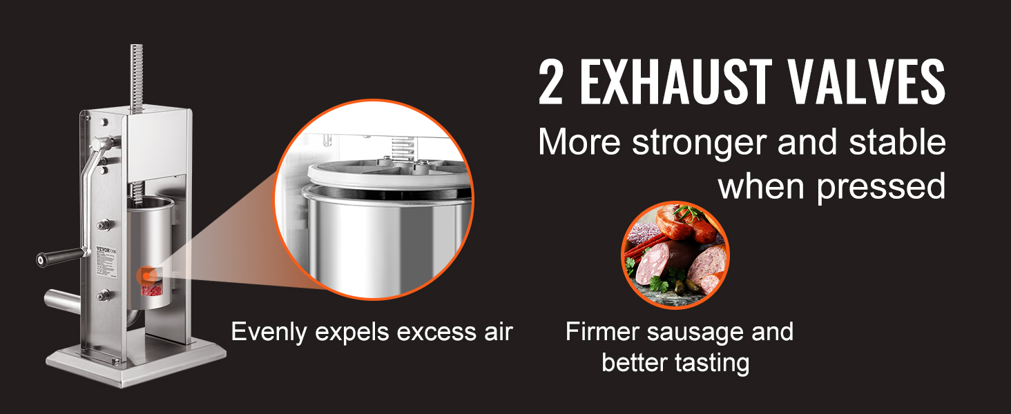 VEVOR sausage stuffer with two exhaust valves for firmer sausage and better taste.