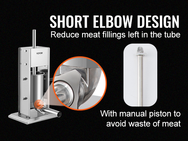 VEVOR sausage stuffer with short elbow design and manual piston to reduce meat waste.