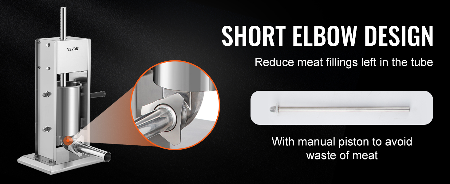 VEVOR sausage stuffer with short elbow design and manual piston to reduce meat waste.