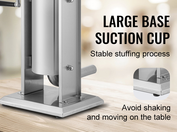 VEVOR sausage stuffer with large base suction cup for a stable stuffing process on a wooden table.