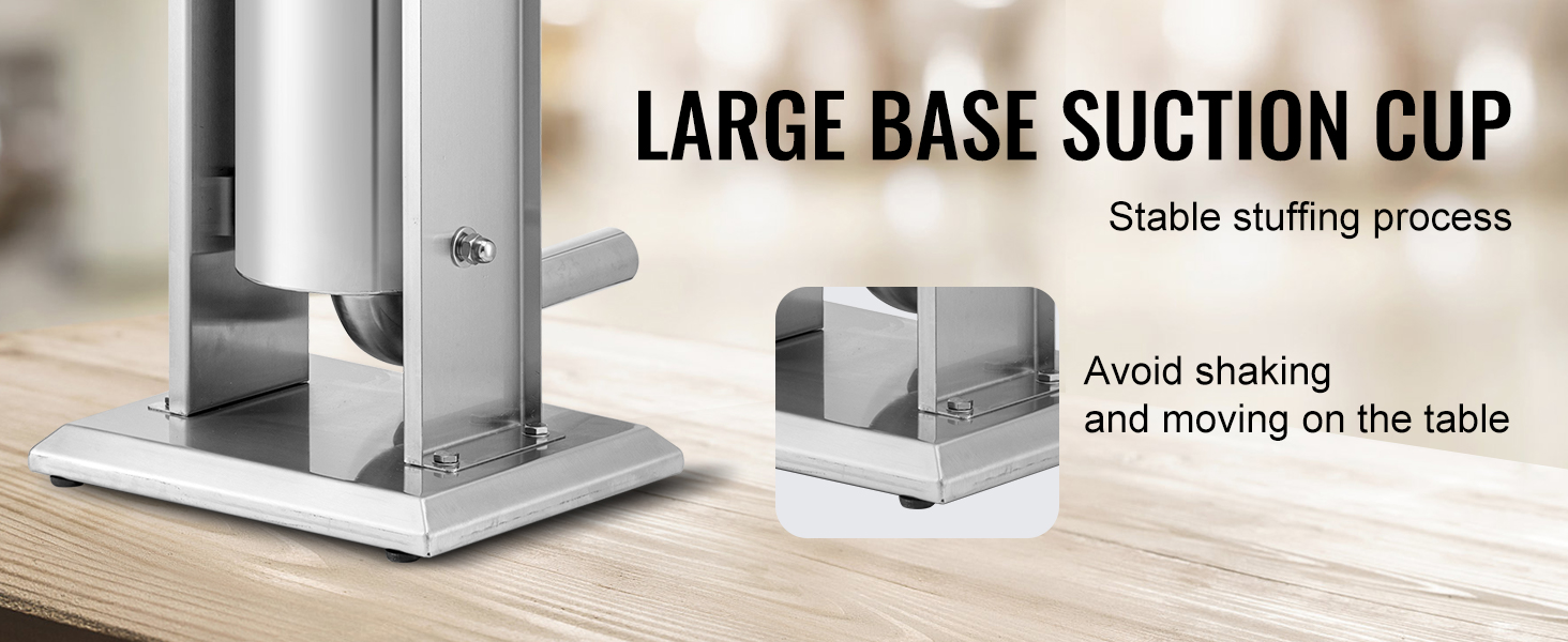 VEVOR sausage stuffer with large base suction cup for a stable stuffing process on a wooden table.