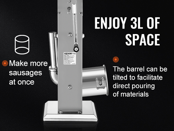 VEVOR sausage stuffer with 3l barrel, allows making more sausages at once, tiltable for easy pouring.