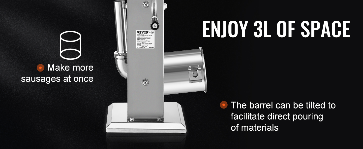 VEVOR sausage stuffer with 3l barrel, allows making more sausages at once, tiltable for easy pouring.