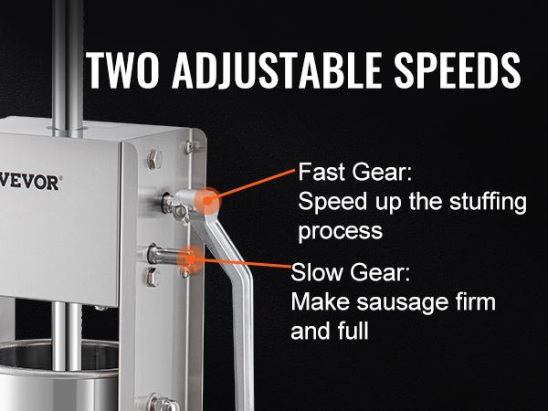 VEVOR sausage stuffer with two adjustable speeds, fast gear for quick stuffing, slow gear for firm sausages.
