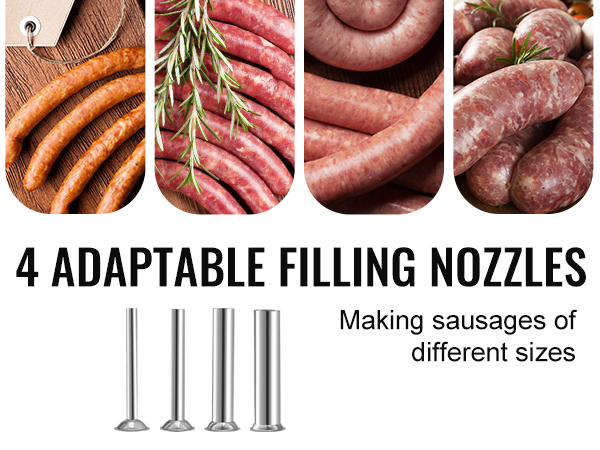 4 filling nozzles with VEVOR sausage stuffer for making sausages of varying sizes.