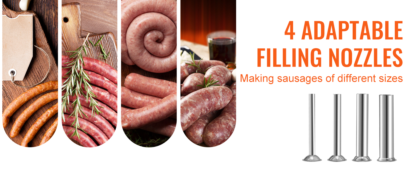 4 filling nozzles with VEVOR sausage stuffer for making sausages of varying sizes.