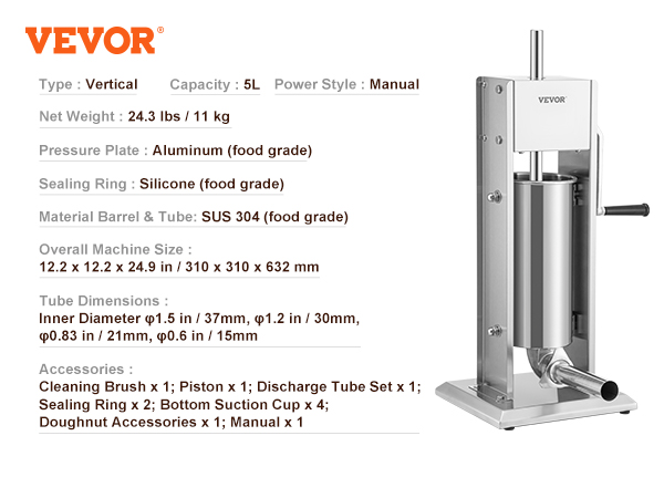 VEVOR sausage stuffer with sus 304 stainless steel body, 5l capacity, manual power, and various accessories.