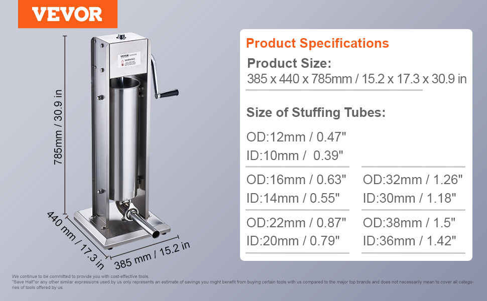VEVOR sausage stuffer with size specifications and stuffing tube dimensions illustrated on the side.