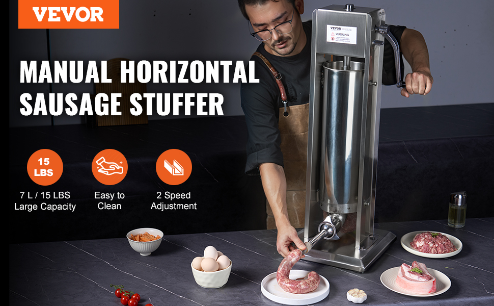 VEVOR sausage stuffer being used with raw meat on plates, eggs, and spices on a kitchen counter.