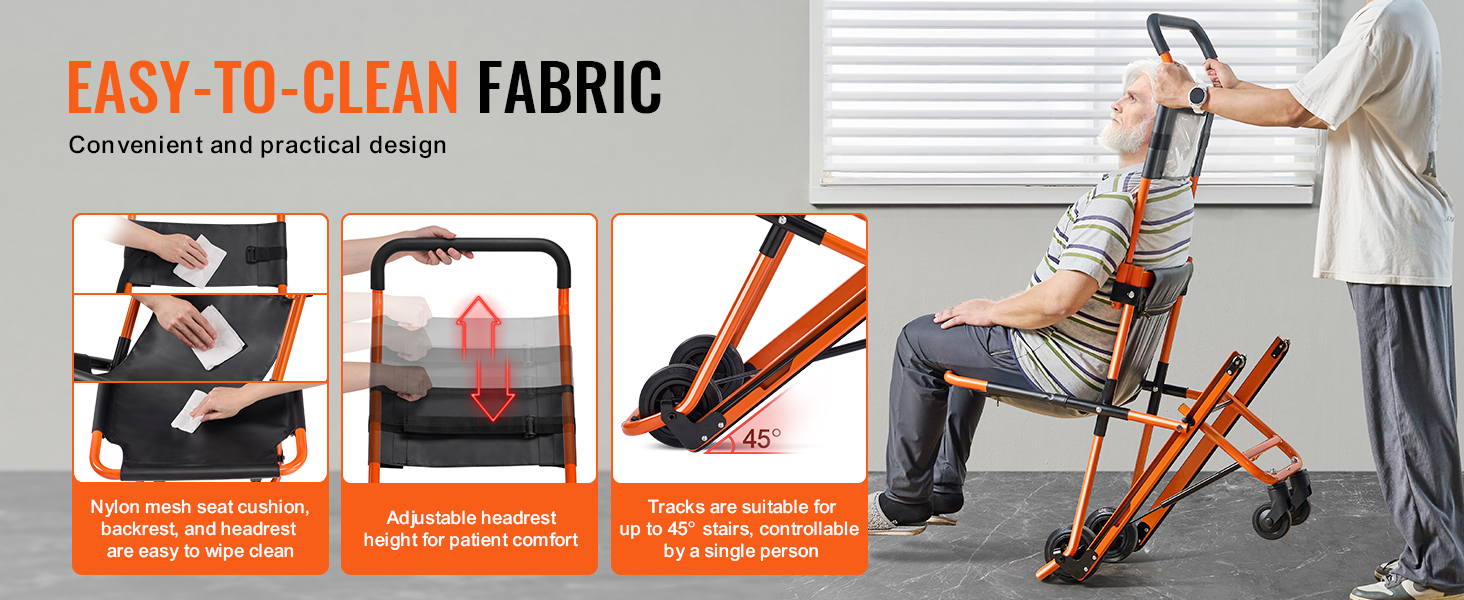 VEVOR emergency stair chair with easy-to-clean fabric, nylon seat cushion, adjustable headrest, and 45° tracks.