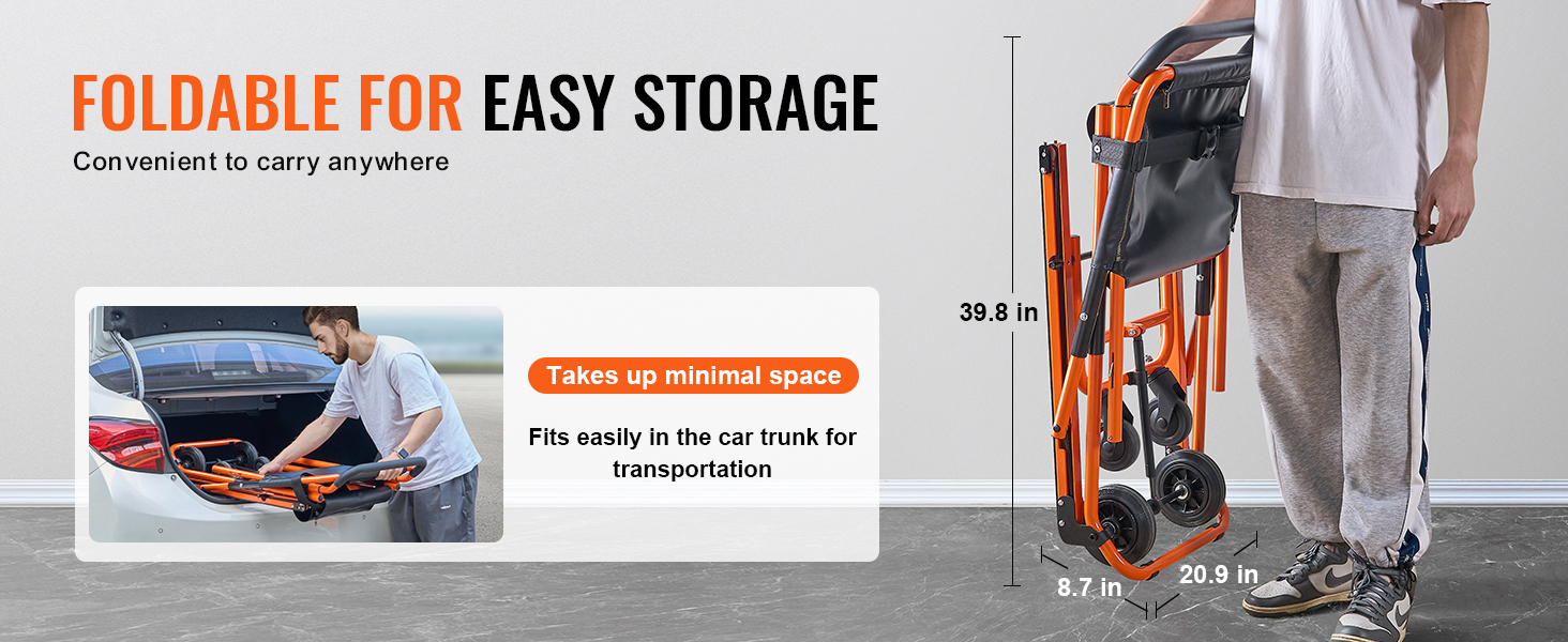 VEVOR emergency stair chair folded for easy storage, fits in car trunk for convenient transportation.