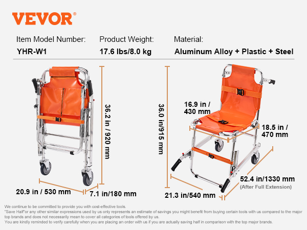 VEVOR ems stair chair yhr-w1, 17.6 lbs, aluminum alloy, plastic, and steel, dimensions listed.