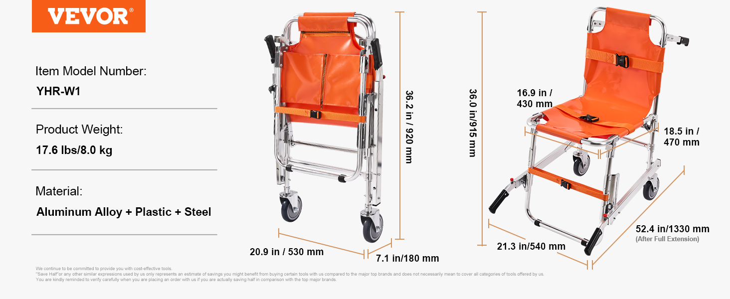 VEVOR ems stair chair yhr-w1, 17.6 lbs, aluminum alloy, plastic, and steel, dimensions listed.