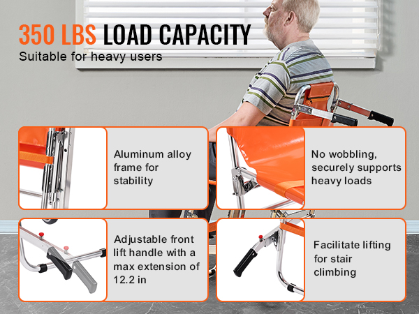 350 lbs load capacity VEVOR ems stair chair with aluminum alloy frame and front lift handle.