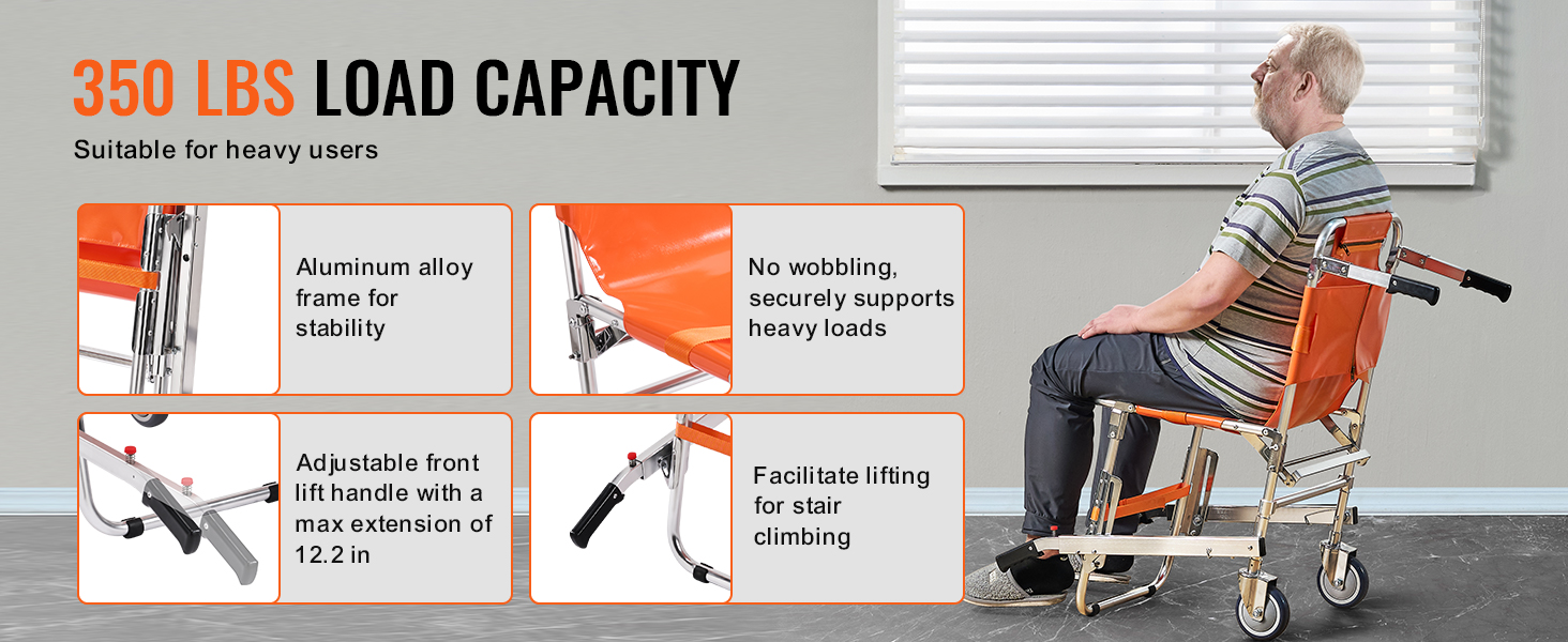 350 lbs load capacity VEVOR ems stair chair with aluminum alloy frame and front lift handle.