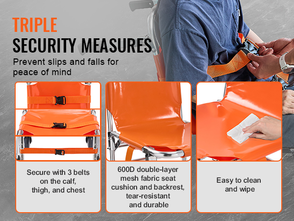 VEVOR ems stair chair: triple security measures with belts, durable mesh fabric, and easy-to-clean surface.