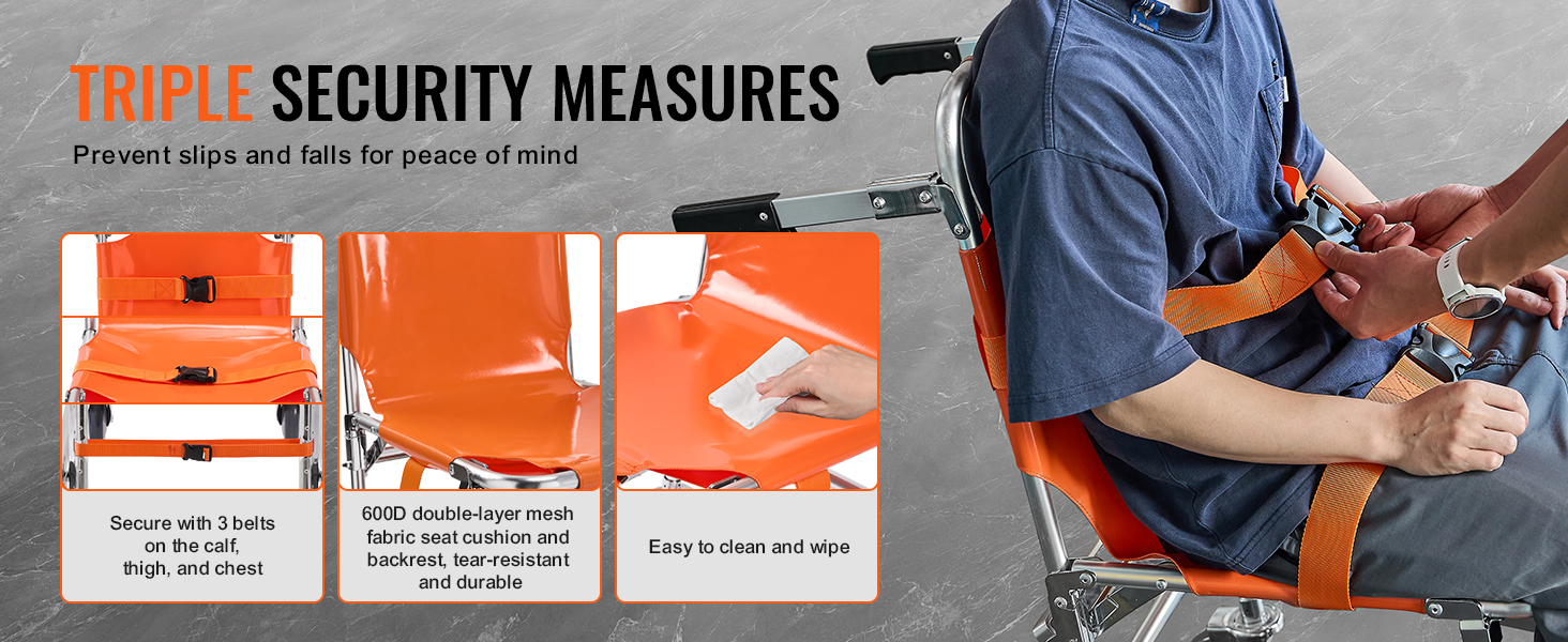 VEVOR ems stair chair: triple security measures with belts, durable mesh fabric, and easy-to-clean surface.