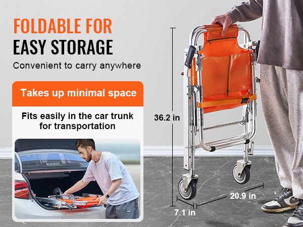 foldable VEVOR ems stair chair, easy storage, fits in car trunk for transport. dimensions: 36.2x20.9x7.1 in.