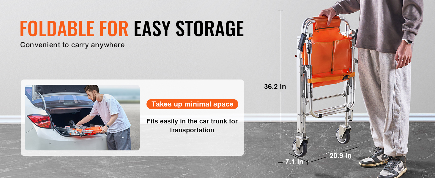 foldable VEVOR ems stair chair, easy storage, fits in car trunk for transport. dimensions: 36.2x20.9x7.1 in.