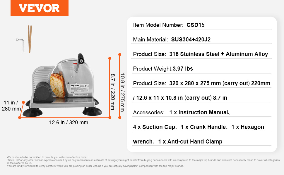 VEVOR bread slicer with dimensions, sus304+420j2 materials, accessories, and product specifications.