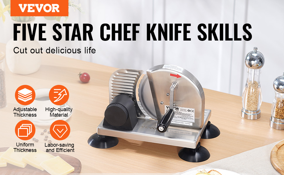 VEVOR bread slicer on kitchen counter with adjustable thickness, high-quality material, and efficiency features.