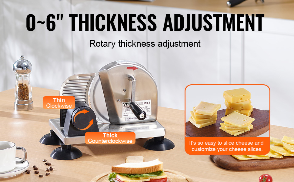 VEVOR bread slicer with 0-6" rotary thickness adjustment for slicing cheese on a kitchen countertop.