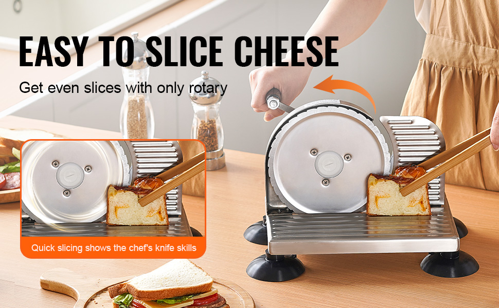 person slicing bread using VEVOR bread slicer, showcasing even slices and rotary handle.