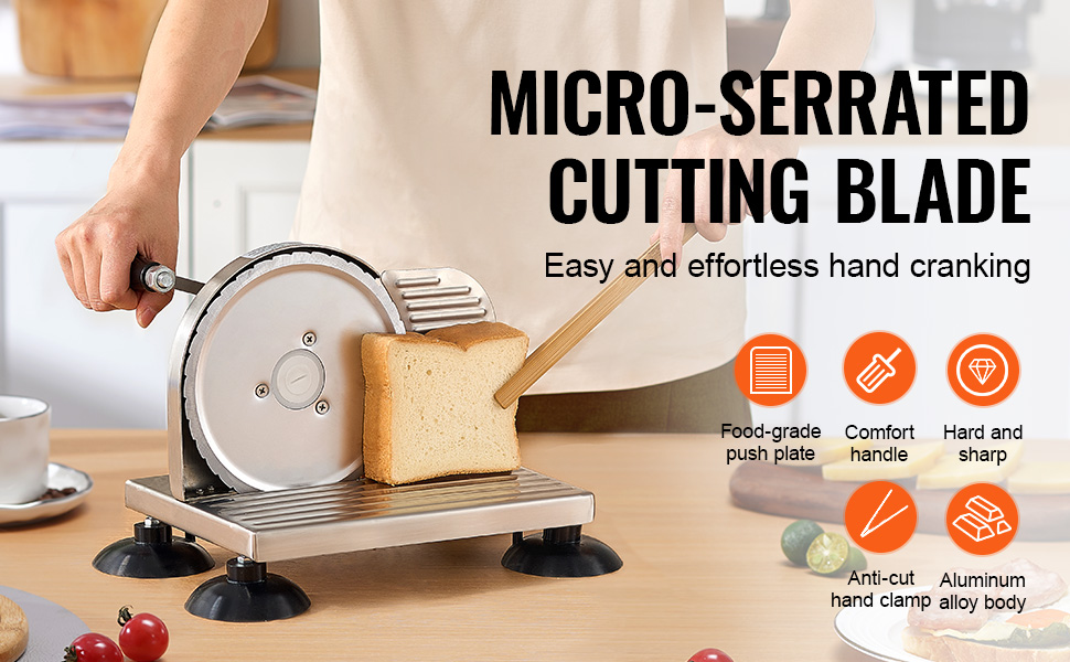 VEVOR bread slicer with micro-serrated cutting blade for easy hand cranking, food-grade push plate.
