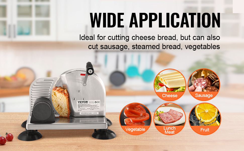 VEVOR bread slicer cutting cheese bread on a kitchen counter with various foods in the background.