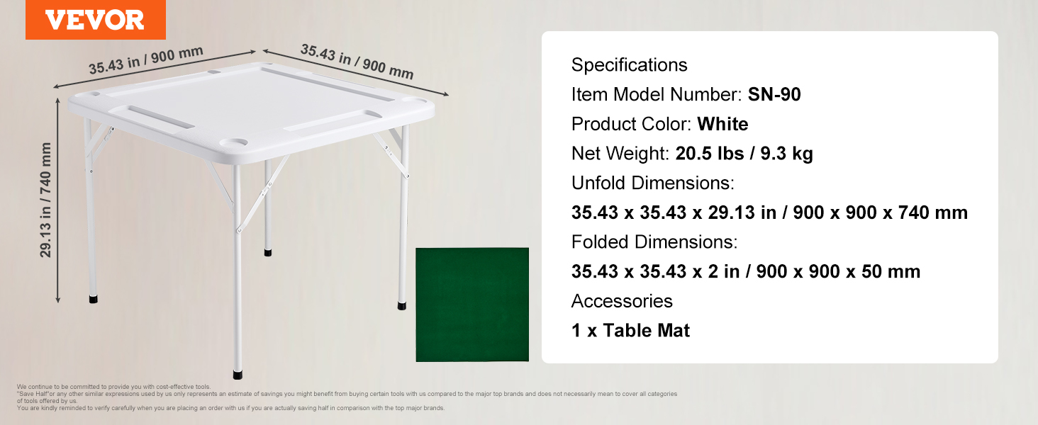 VEVOR mahjong table, white, 35.43 x 35.43 x 29.13 in, foldable with table mat included.