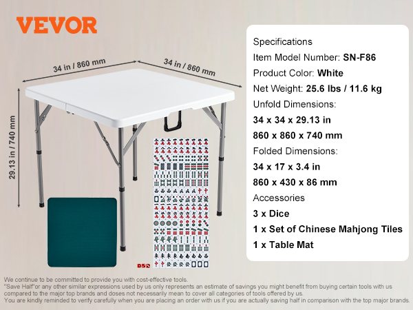 VEVOR mahjong table with foldable white top, 3 dice, mahjong tiles, and table mat. dimensions detailed.